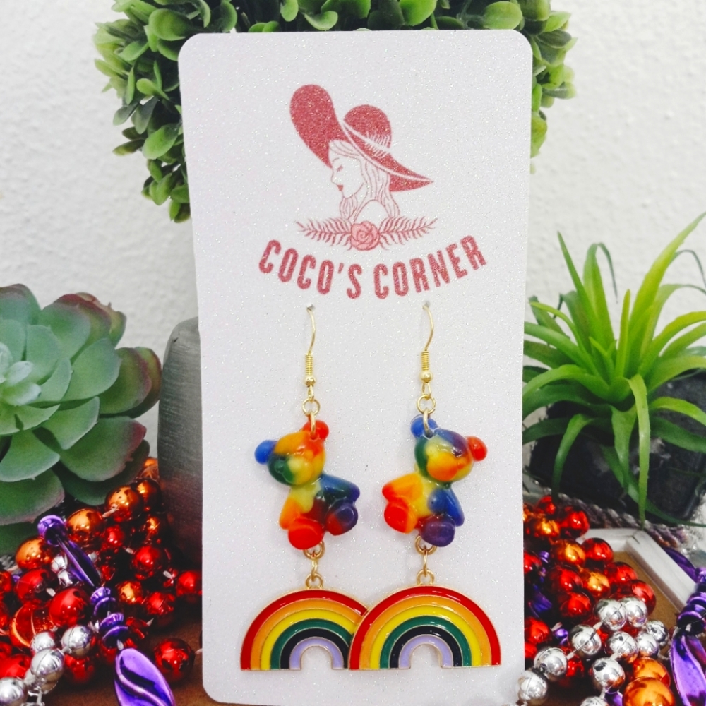Fun gummy bear rainbow lgbtq pride dangle resin earrings